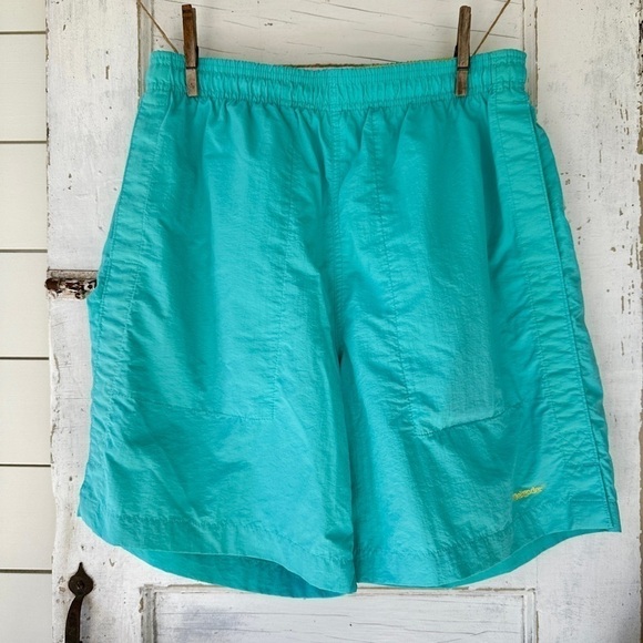 WEEKENDER, MENS, AQUA BLUE WITH YELLOW TRIM, SWIM TRUNKS. 2 SIDE POCKETS. SIZE M - Picture 1 of 8